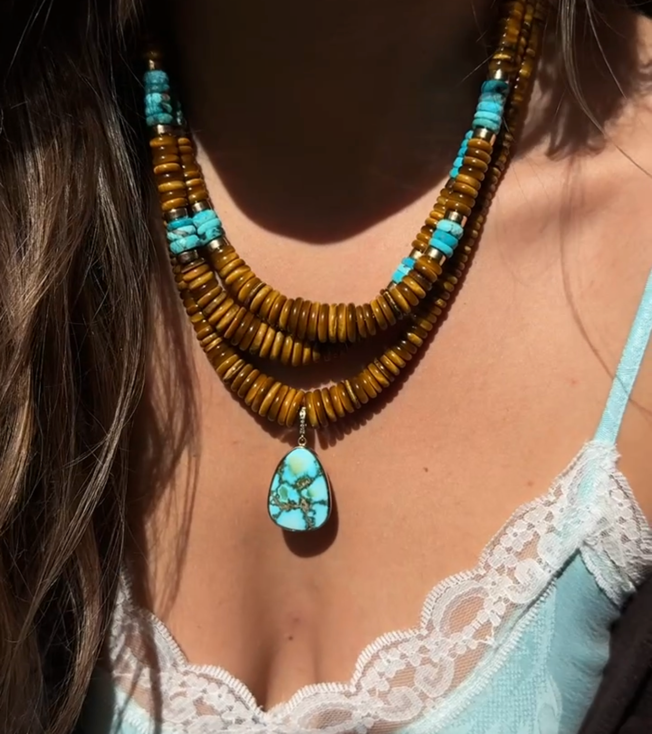 TIGERS EYE & TURQUOISE BEADED NECKLACE