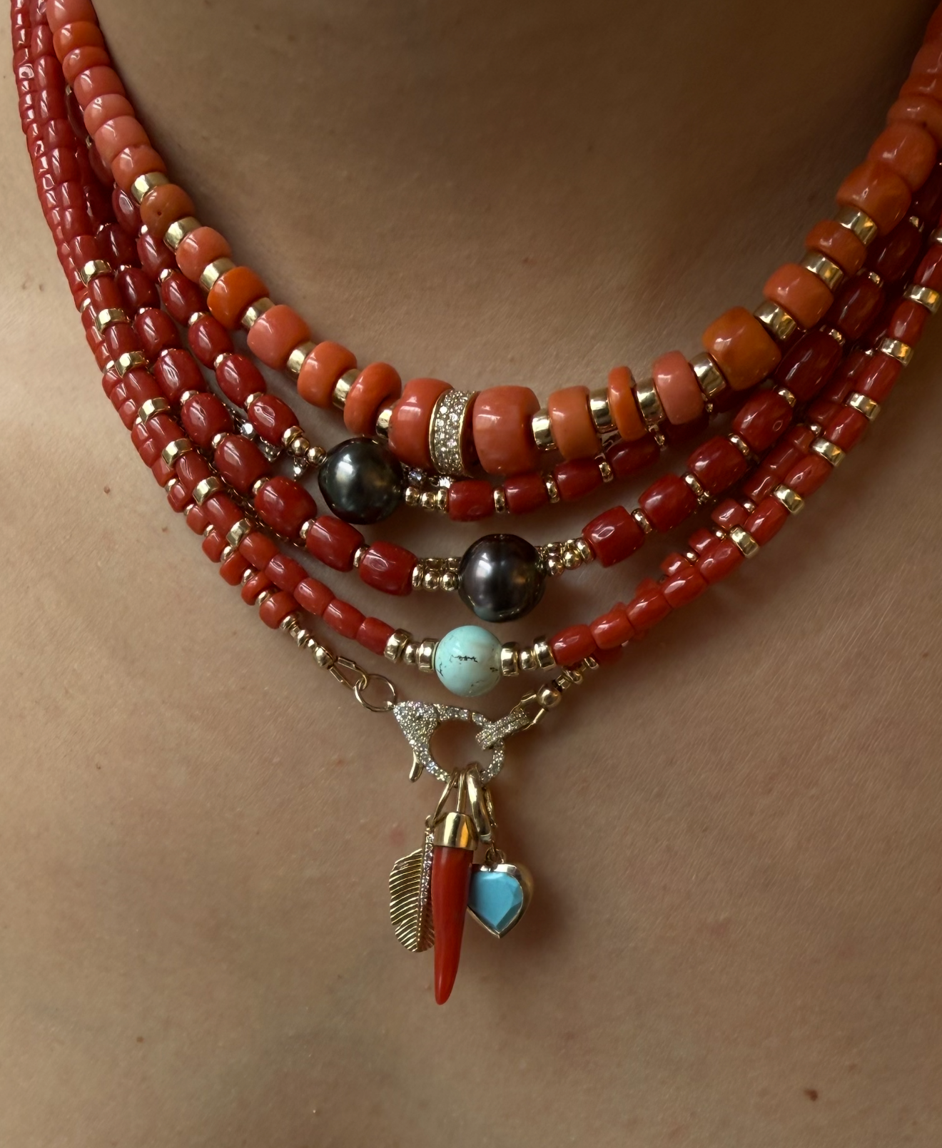 CORAL NECKLACE WITH DIAMOND FRONT FACING DIAMOND CLASP