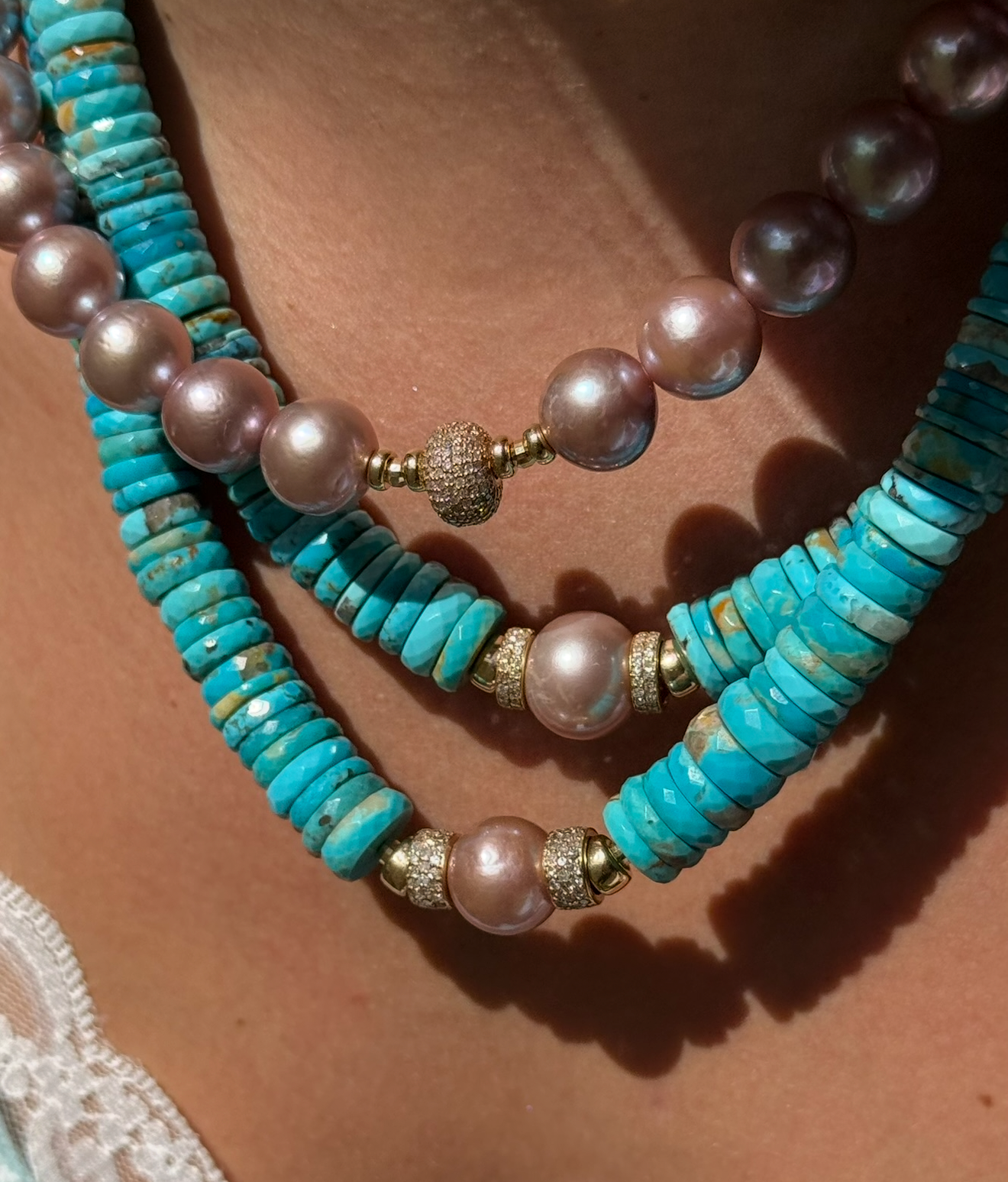 TURQUOISE + DIAMOND + PINK PEARL NECKLACE
