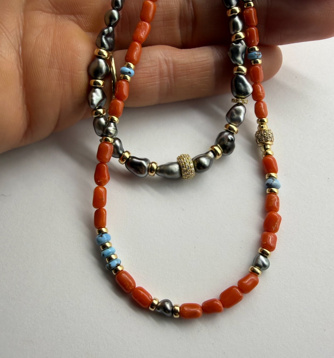 CORAL, TAHITIAN, TURQUOISE & DIAMOND NECKLACE