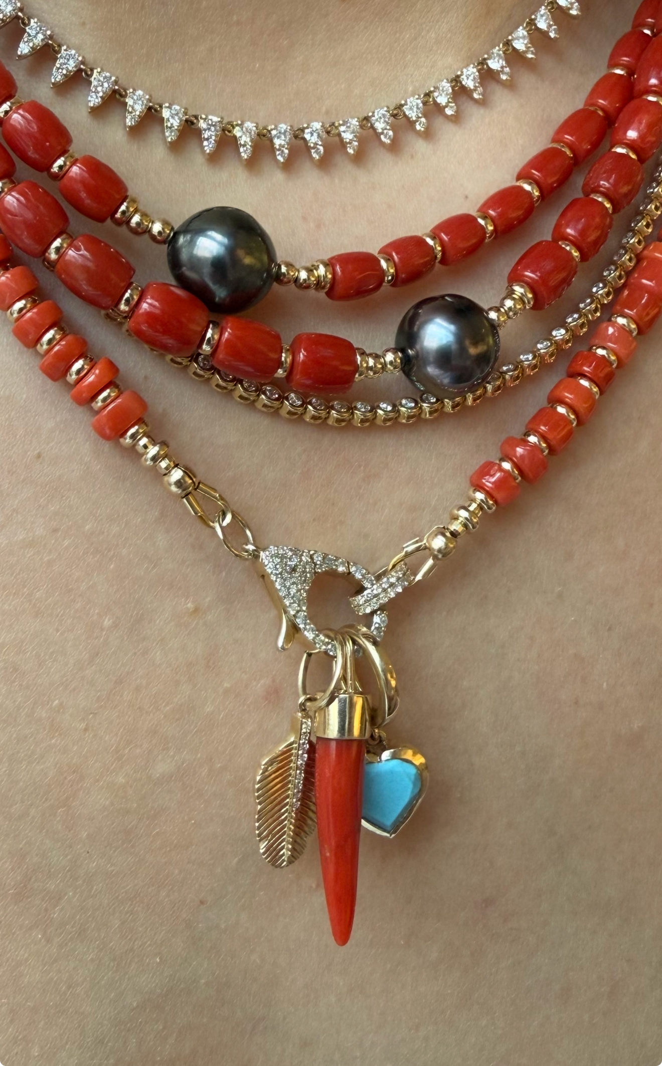 CORAL NECKLACE WITH DIAMOND FRONT FACING DIAMOND CLASP