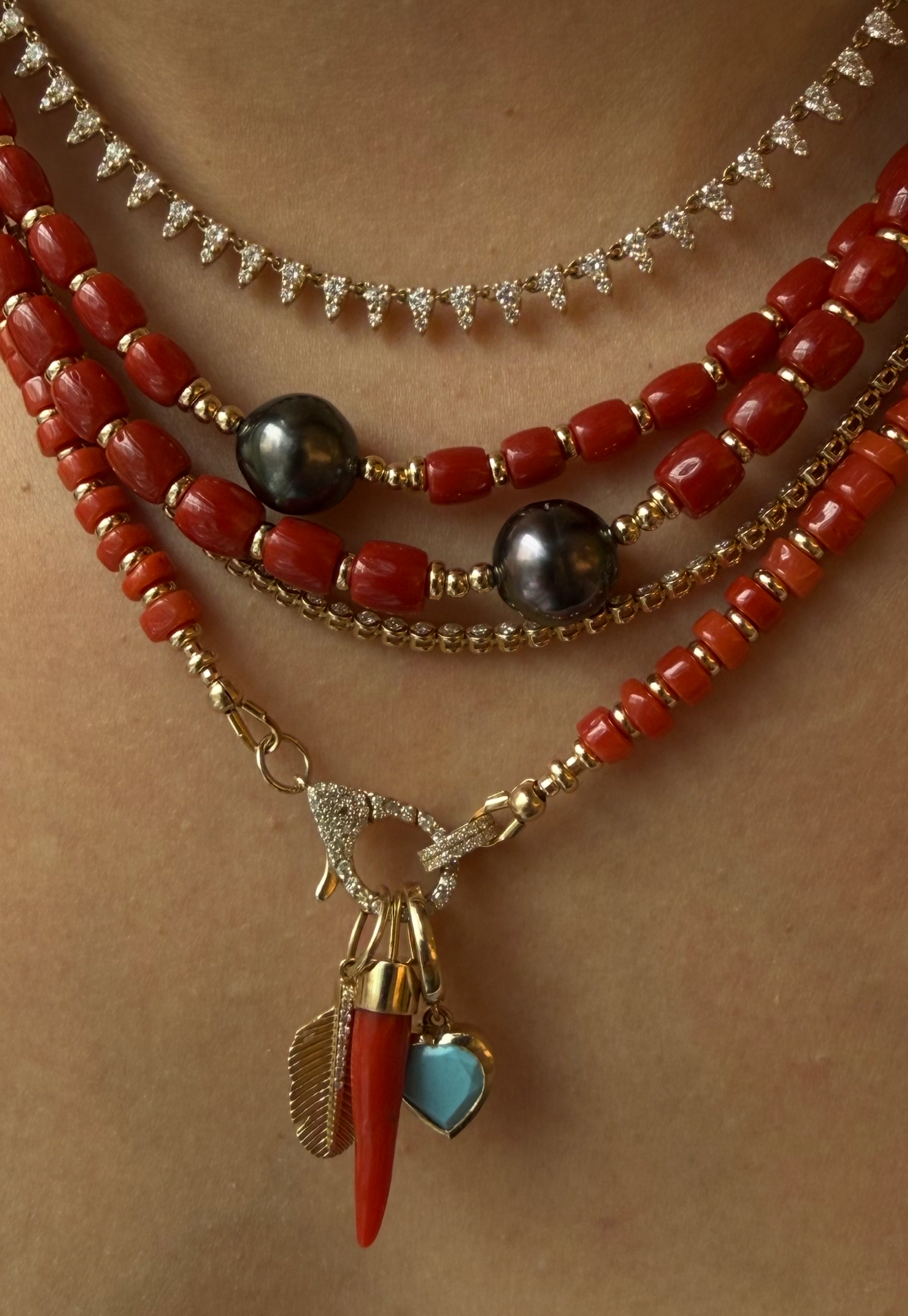 CORAL NECKLACE WITH DIAMOND FRONT FACING DIAMOND CLASP