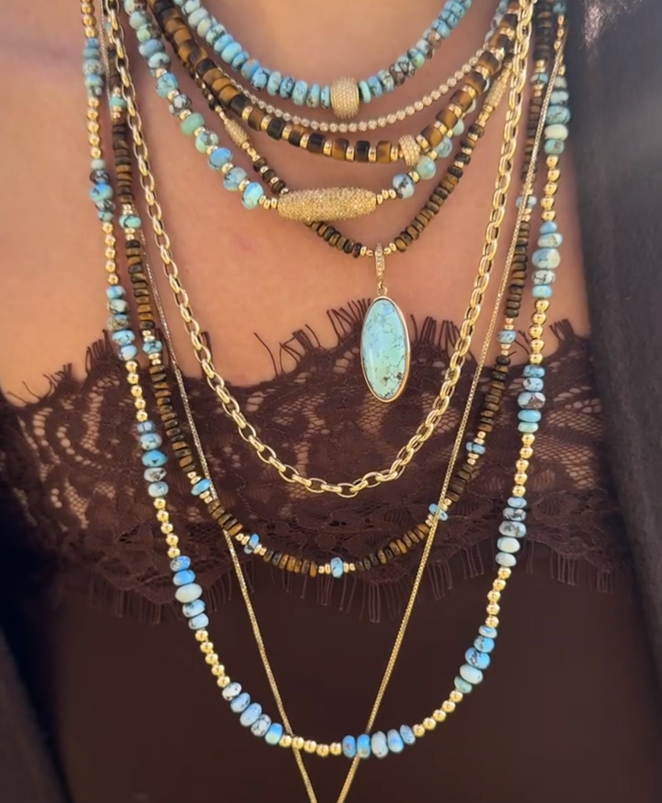 TIGERS EYE & GOLDEN HILL TURQUOISE BEADED NECKLACE