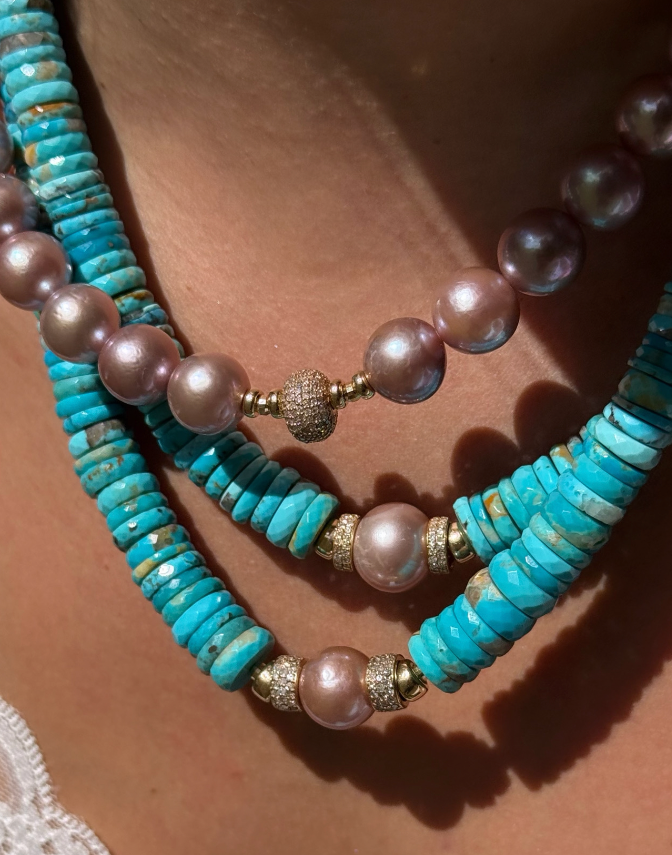 TURQUOISE + DIAMOND + PINK PEARL NECKLACE