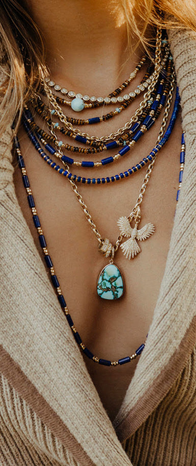 LAPIS & TIGERS EYE SHAKTI STACK WITH TURQUOISE AND DIAMOND PHOENIX CHARMS