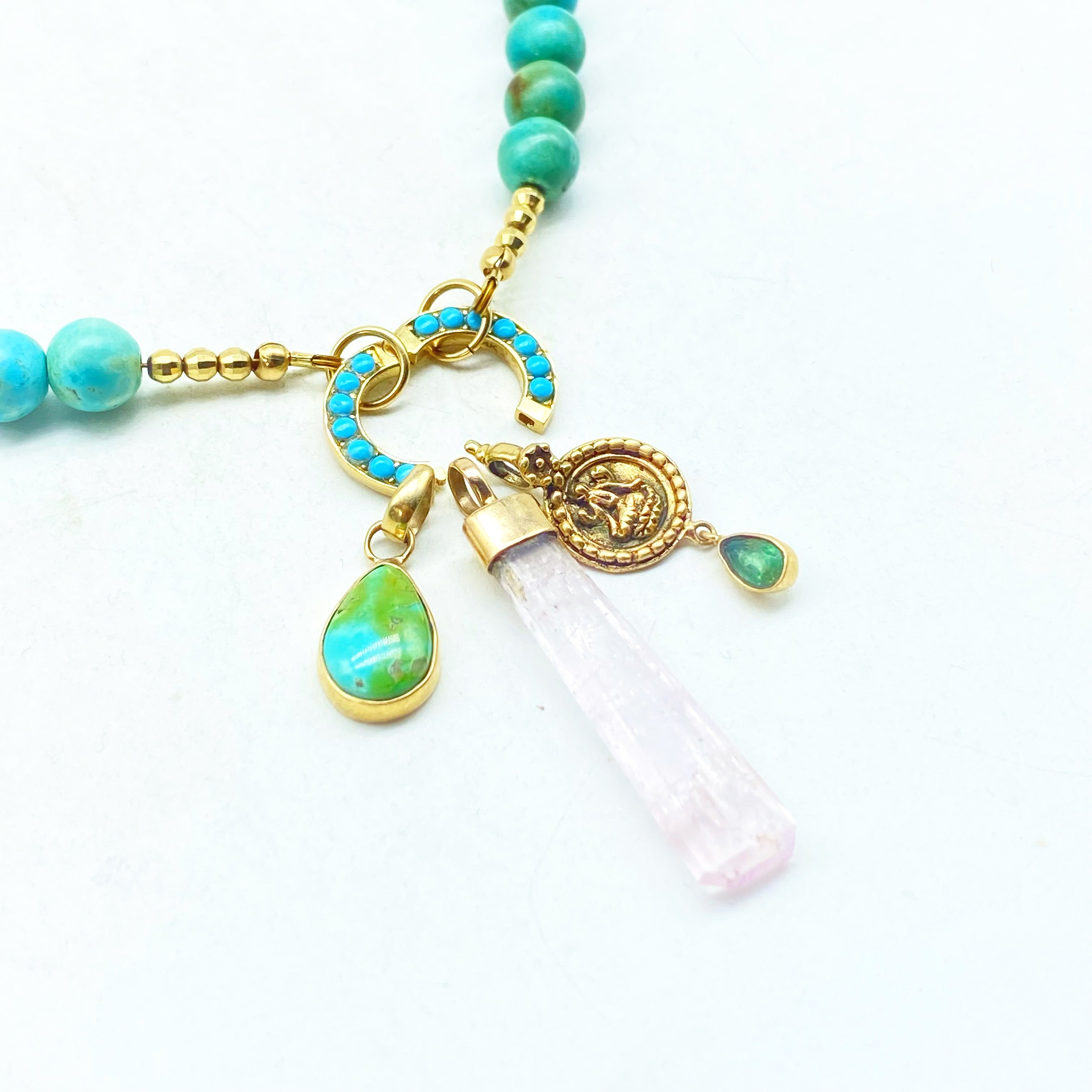 14k GOLD TURQUOISE & LAPIS CHARM NECKLACES