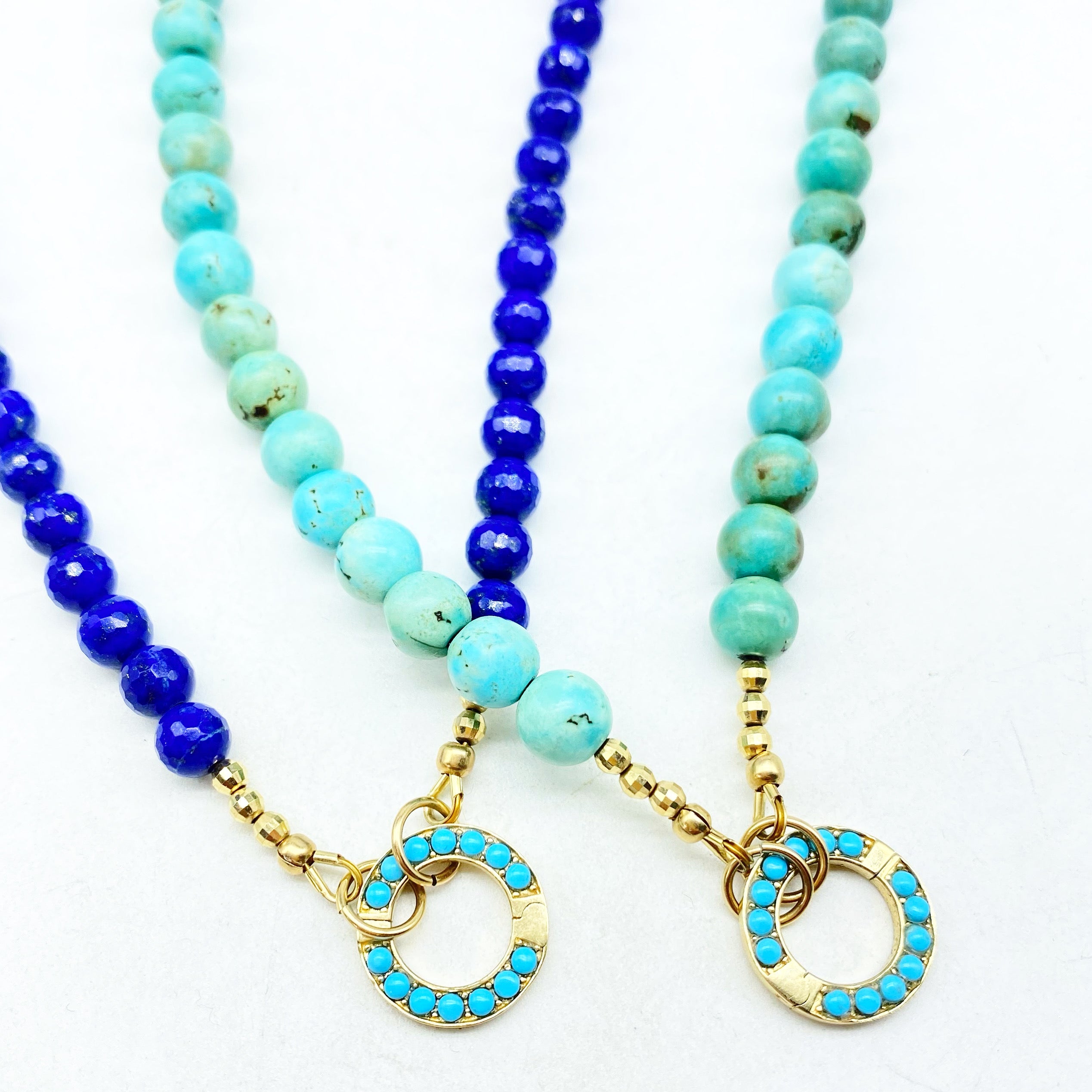 14k GOLD TURQUOISE & LAPIS CHARM NECKLACES