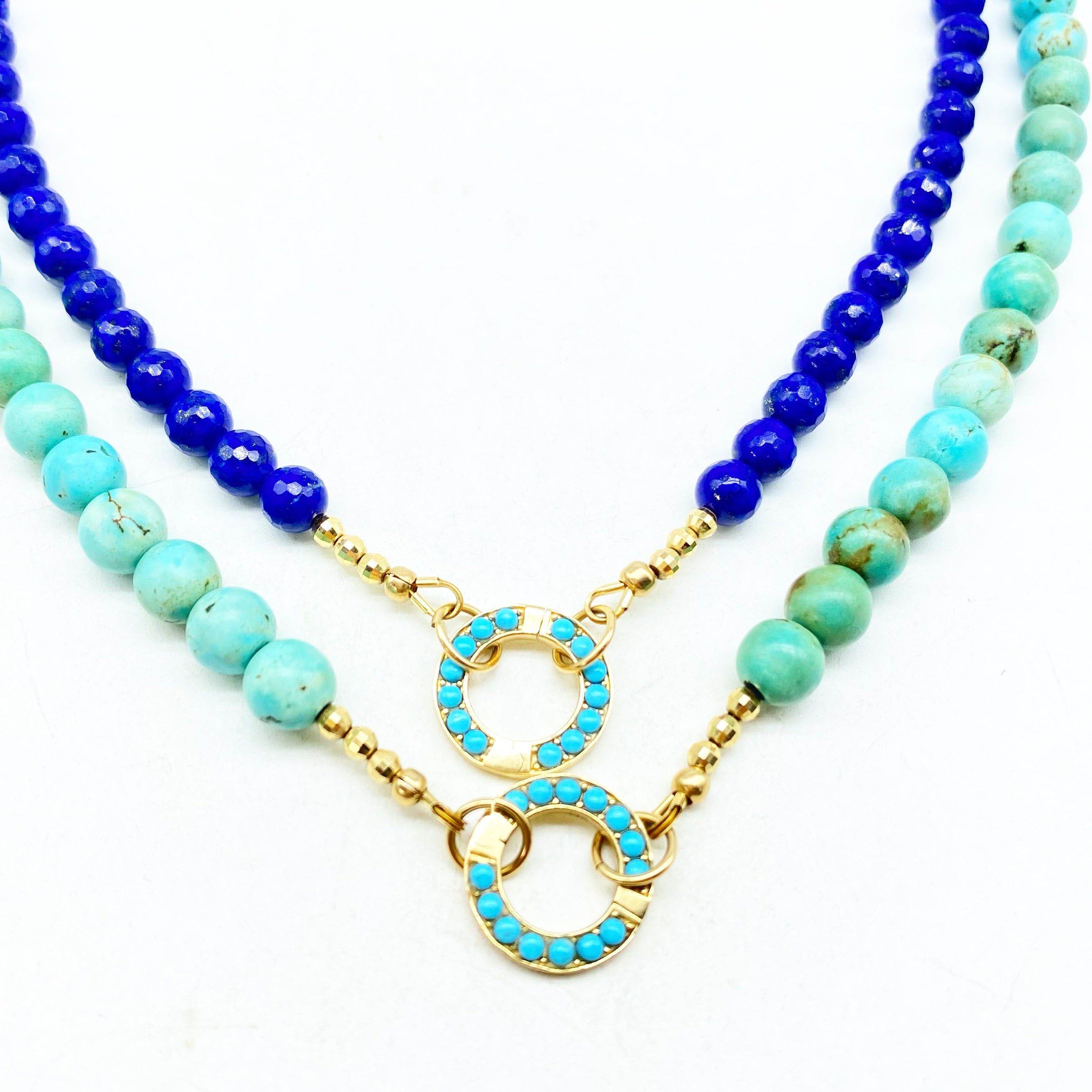 14k GOLD TURQUOISE & LAPIS CHARM NECKLACES