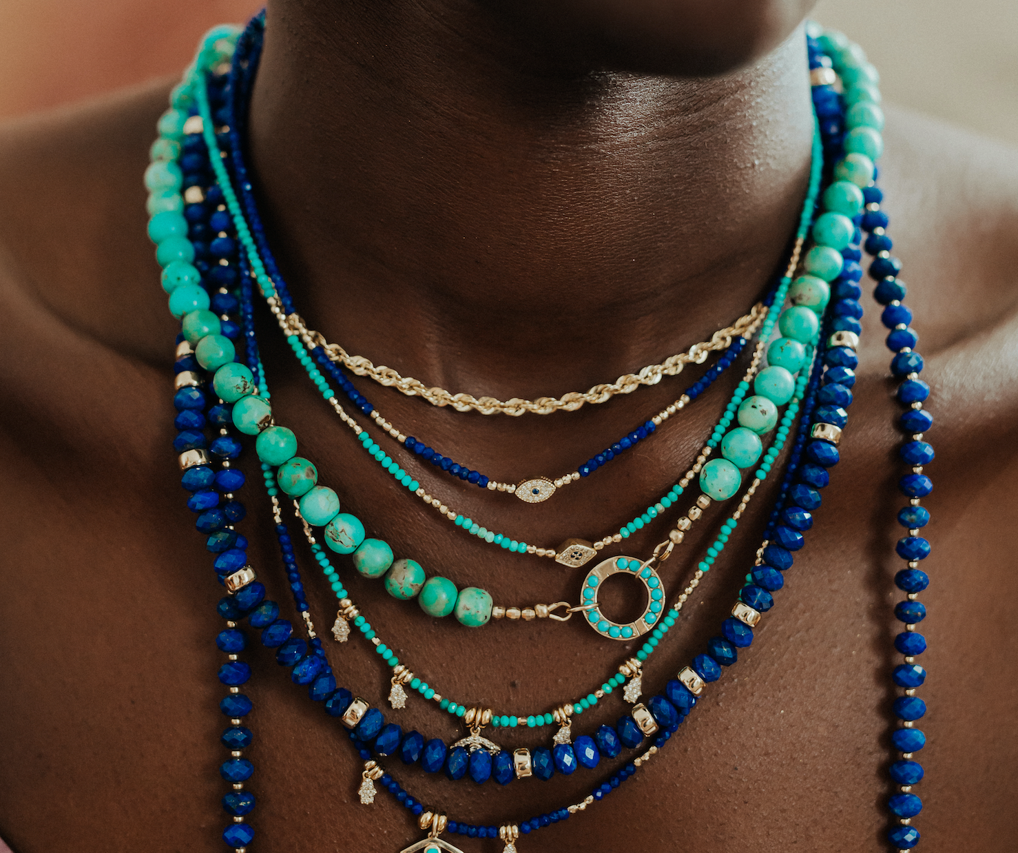 14k GOLD TURQUOISE & LAPIS CHARM NECKLACES