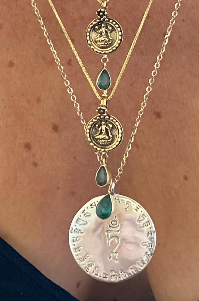 GREEN TARA MANTRA COIN WITH EMERALD SET IN GOLD